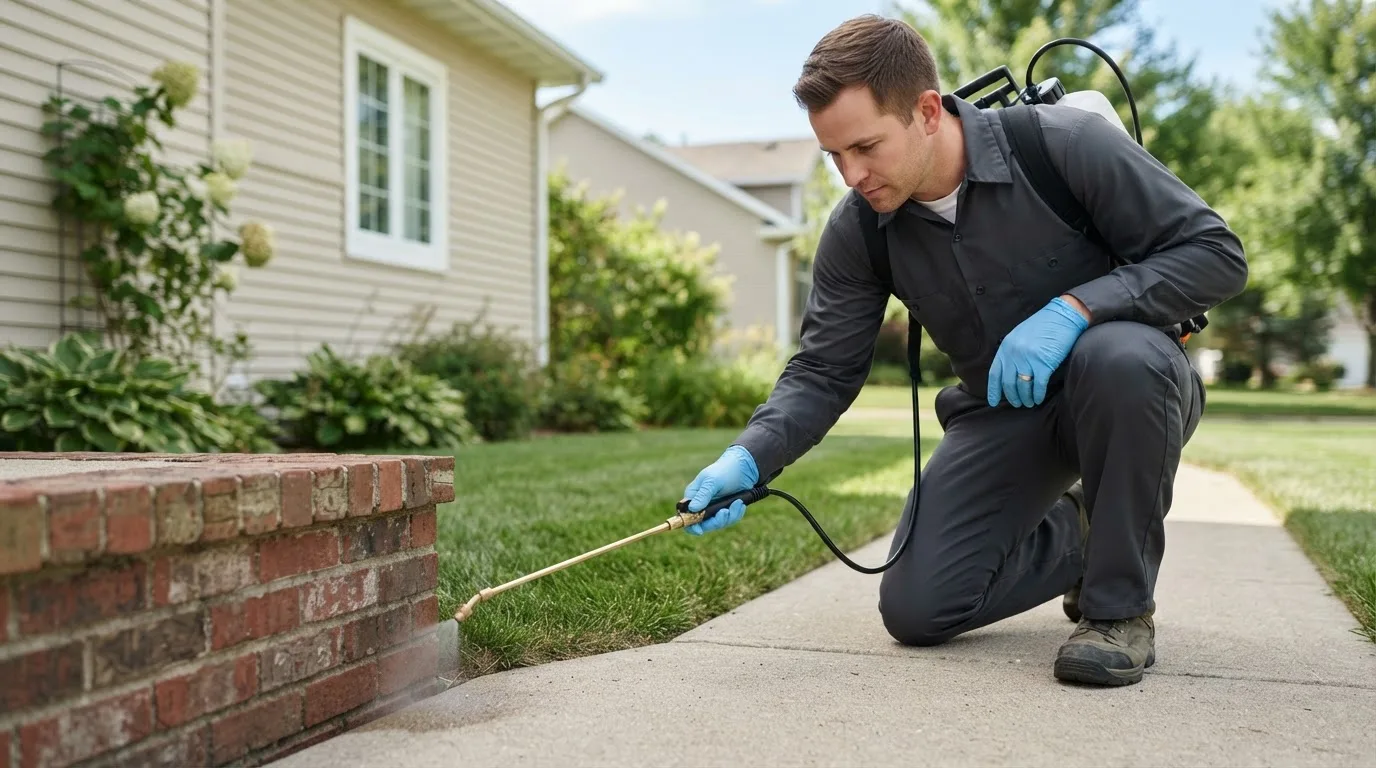 Pest control technician treating a home near Ore City, TX