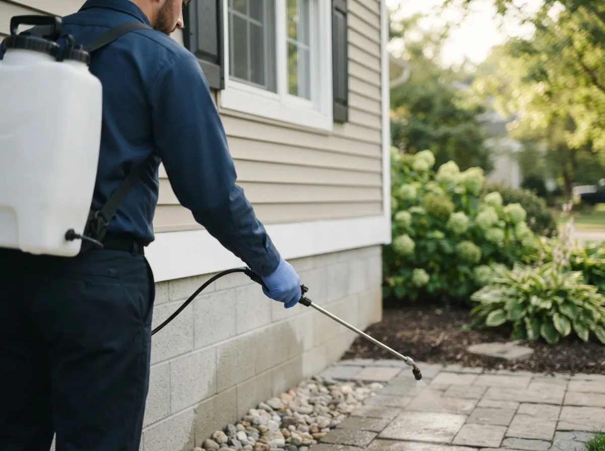 Pest control technician inspecting a home in Ore City, TX